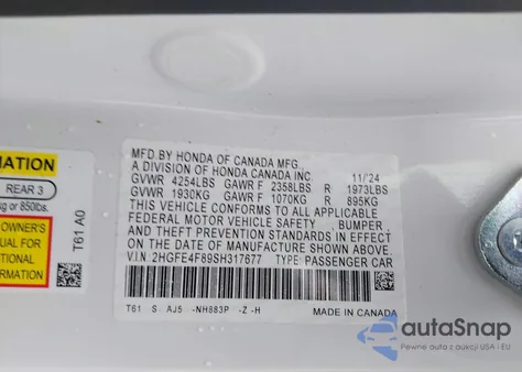 2025 Honda Civic Hybrid Sport/Sport Touring z USA, uszkodzony, nr VIN 2HGFE4F89SH317677